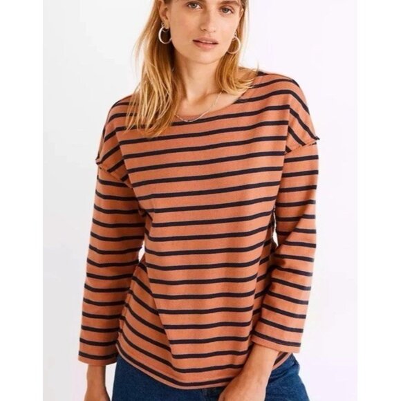 Madewell Luxe Long-Sleeve Tee in Casler Stripe Rust Orange Navy Blue SZ Medium - Picture 1 of 8